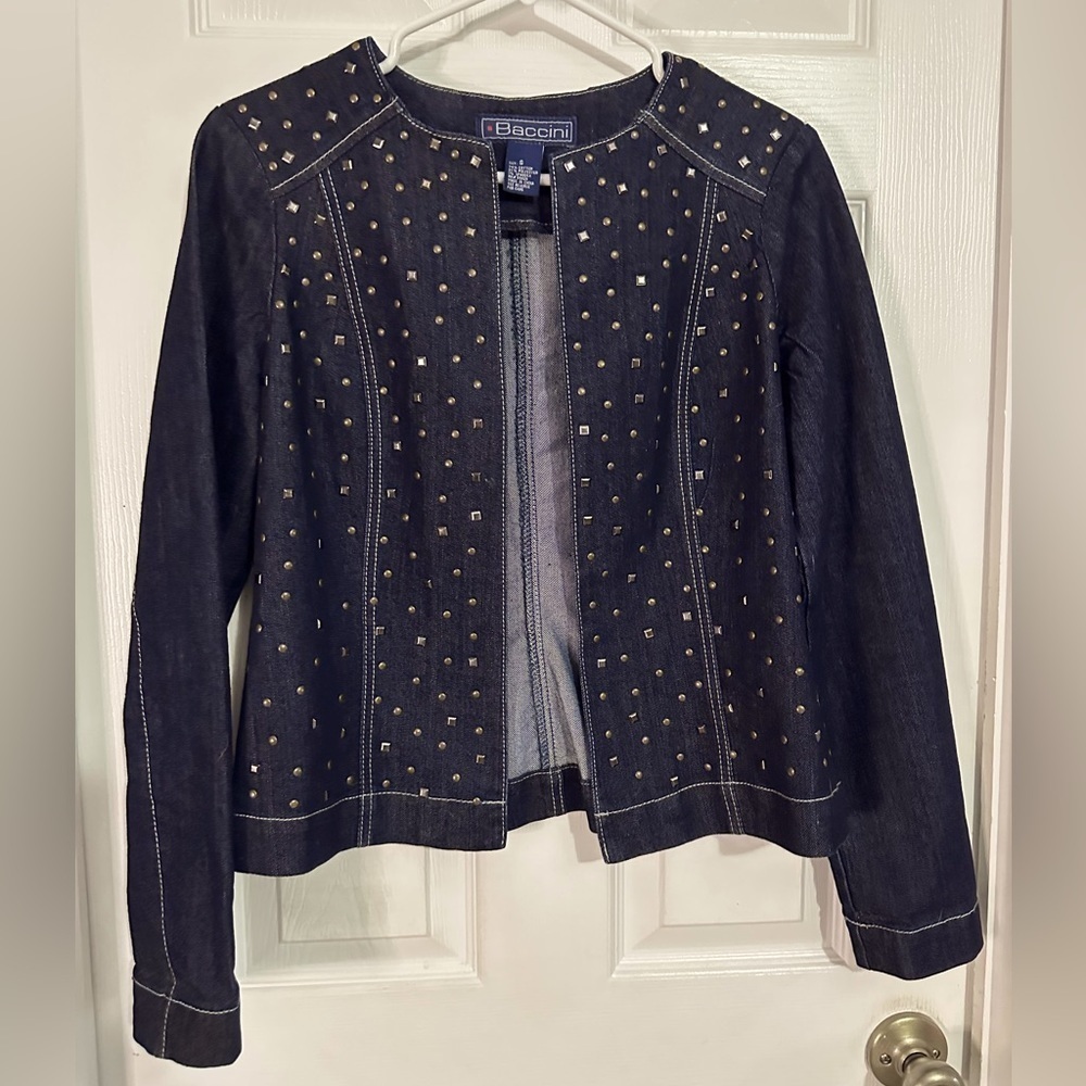 Baccini Studded Denim Jacket Womens Small Dark Wash Open Front